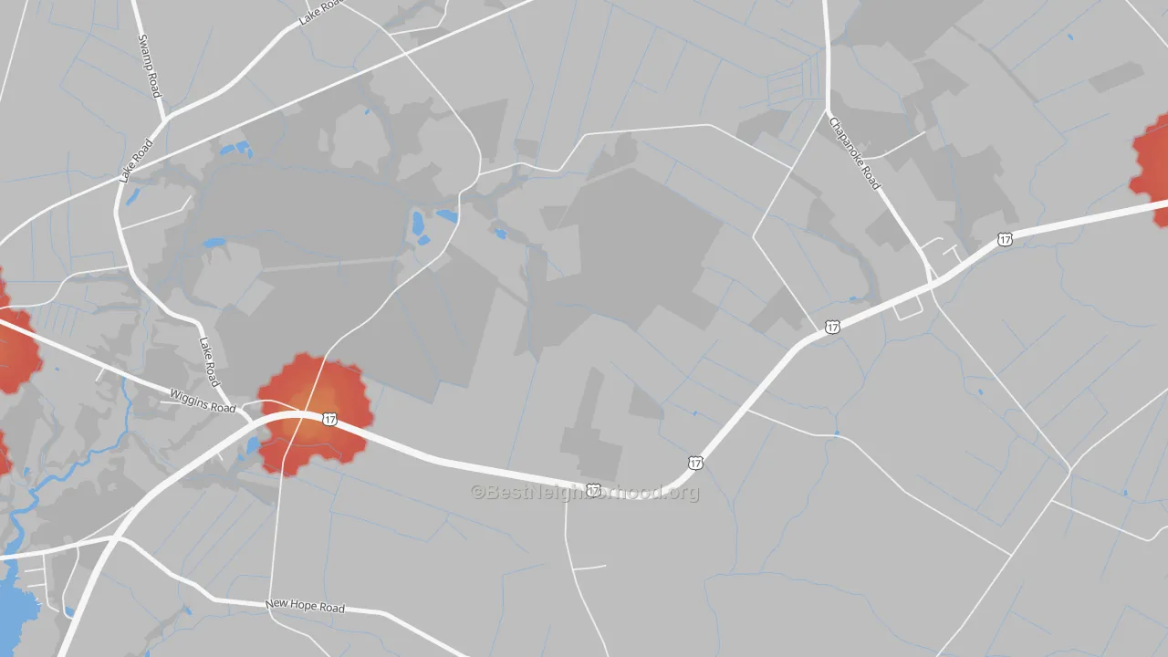 Walk Grade map of Durants Neck, NC, walkable areas in green and car-dependent areas in red