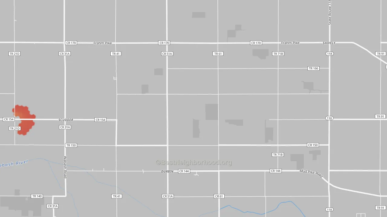 Walk Grade map of Durbin, OH, walkable areas in green and car-dependent areas in red