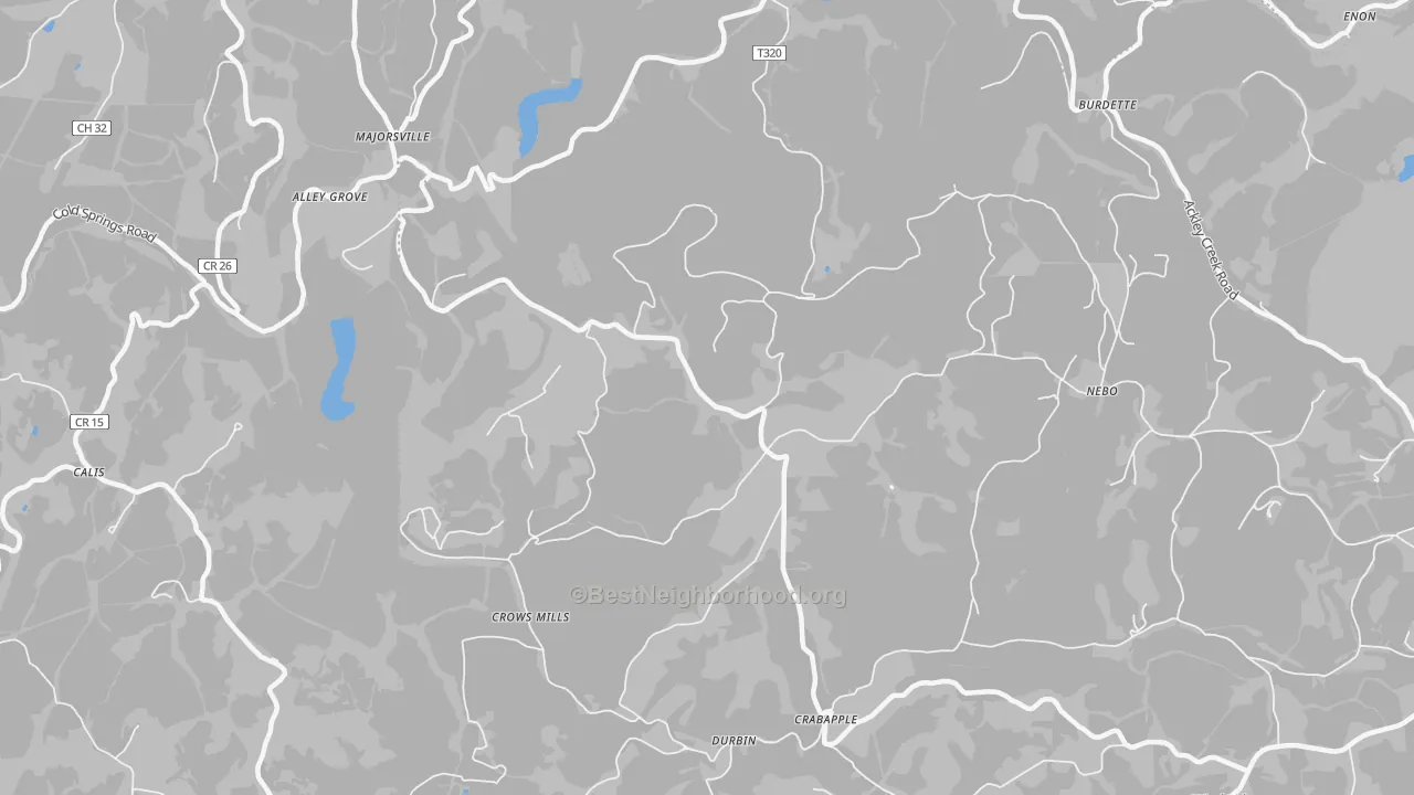 Walk Grade map of Durbin, PA, walkable areas in green and car-dependent areas in red