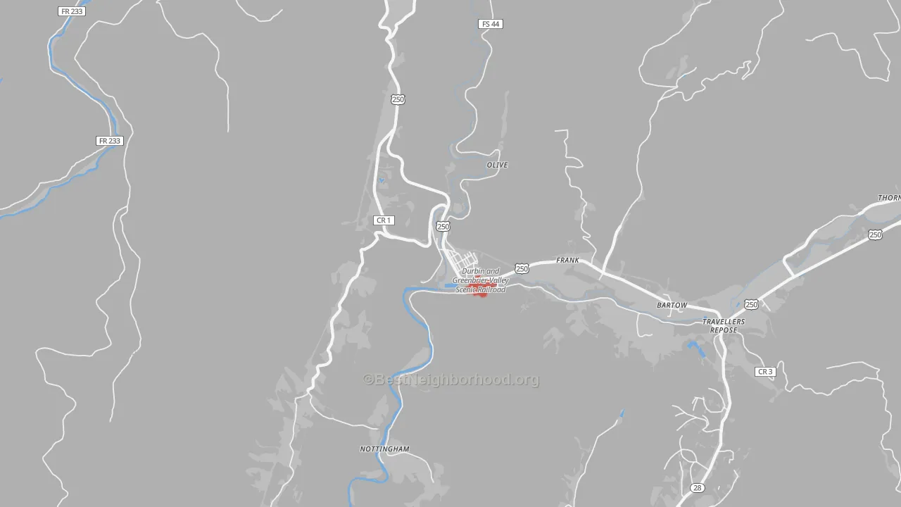 Walk Grade map of Durbin, WV, walkable areas in green and car-dependent areas in red