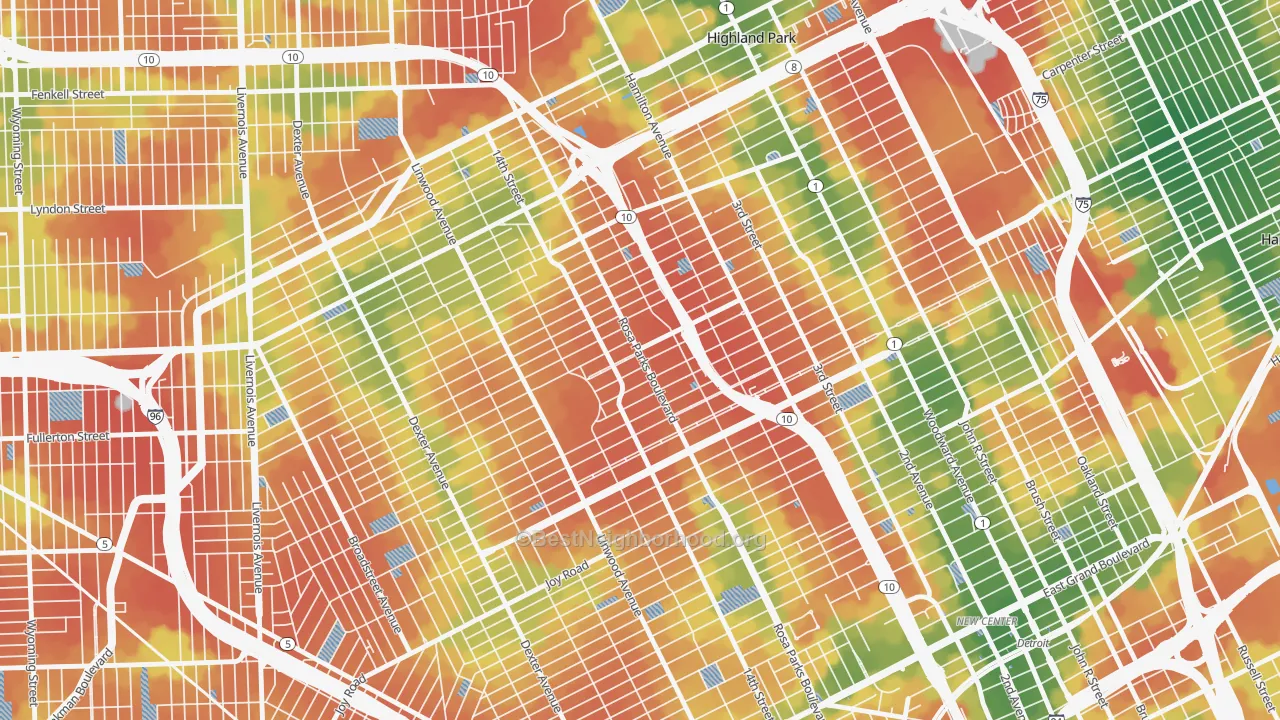 Walk Grade map of Durfee, Detroit, MI, walkable areas in green and car-dependent areas in red
