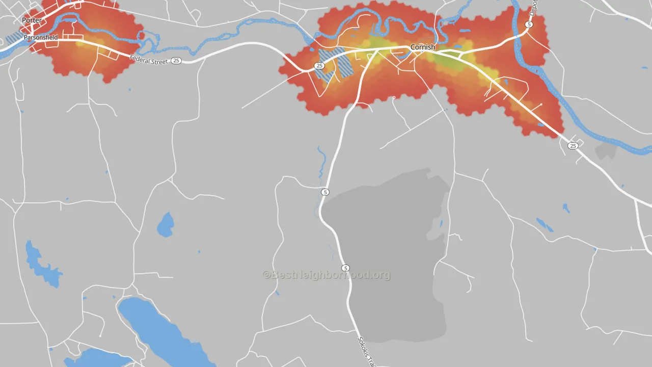 Walk Grade map of Durgintown, ME, walkable areas in green and car-dependent areas in red