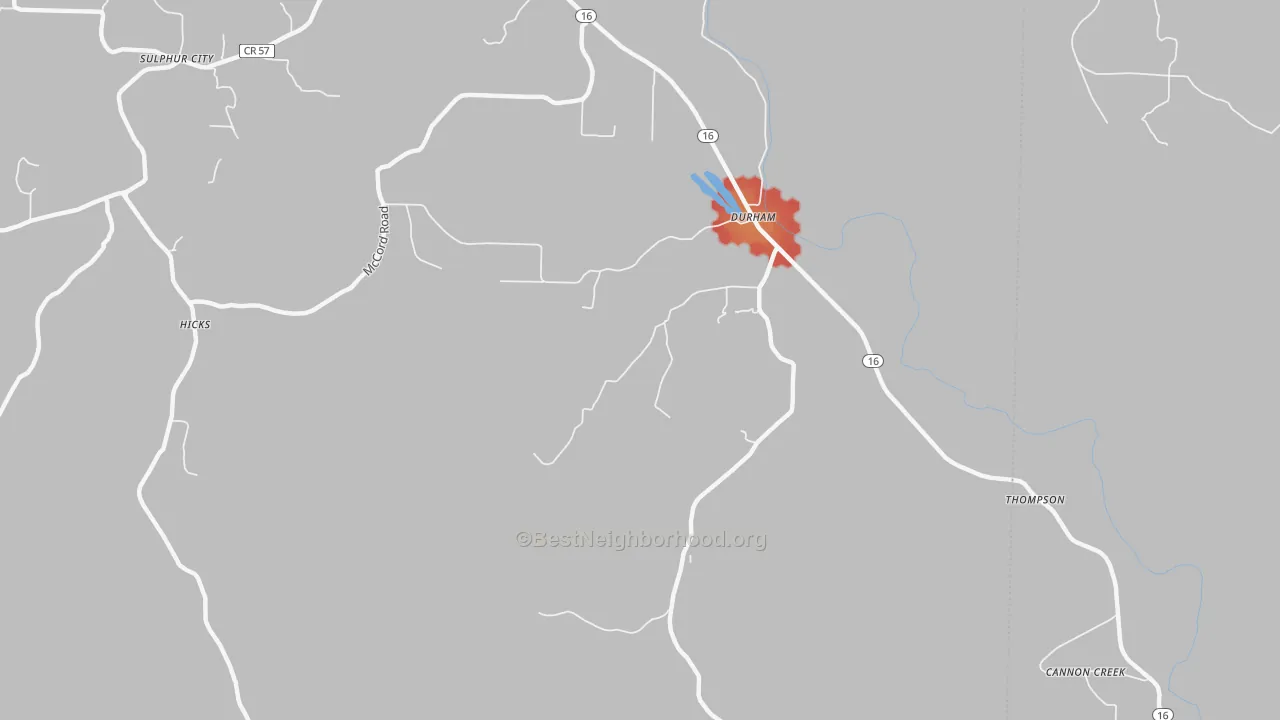 Walk Grade map of Durham, AR, walkable areas in green and car-dependent areas in red
