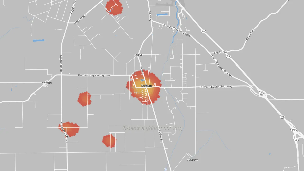 Walk Grade map of Durham, CA, walkable areas in green and car-dependent areas in red