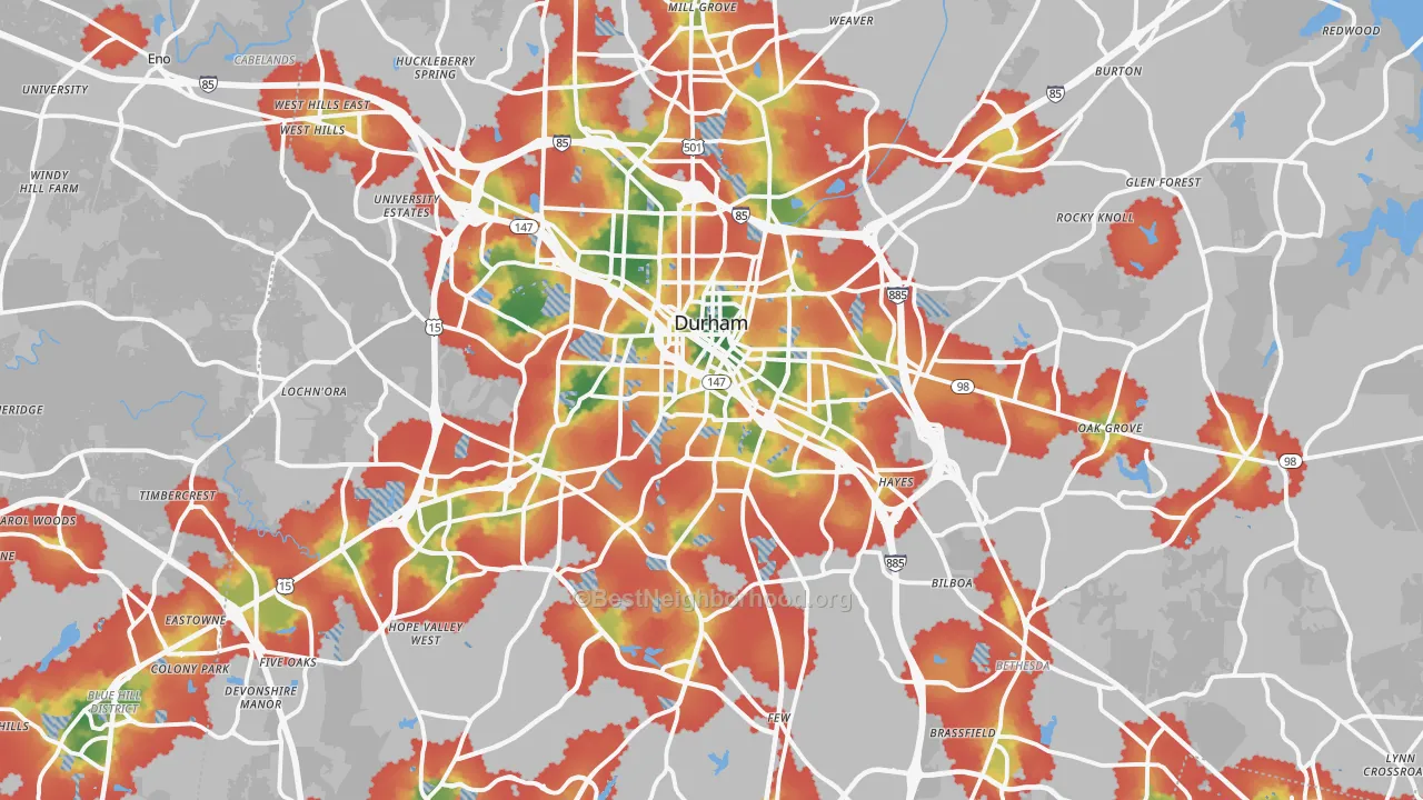 Walk Grade map of Durham County, NC, walkable areas in green and car-dependent areas in red