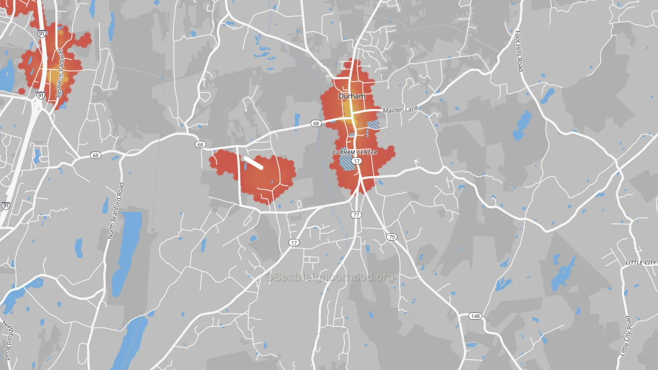 Walk Grade map of Durham, CT, walkable areas in green and car-dependent areas in red