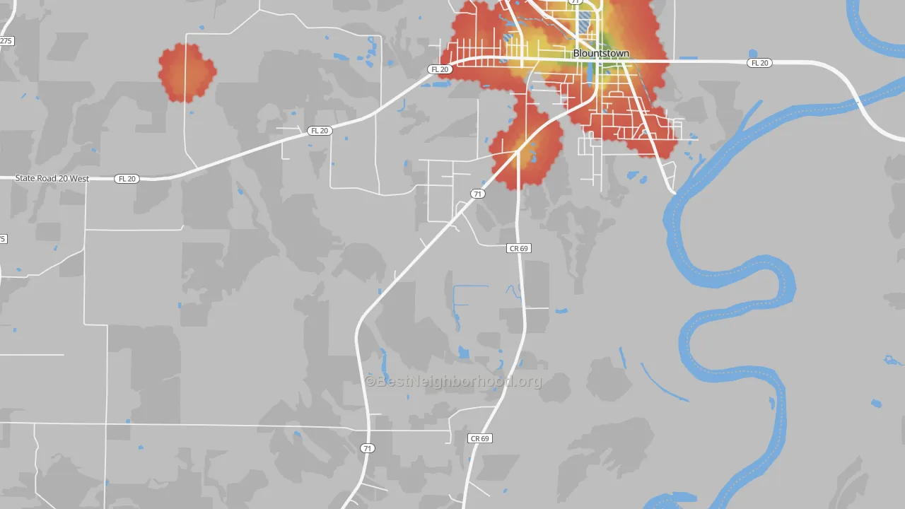 Walk Grade map of Durham, FL, walkable areas in green and car-dependent areas in red