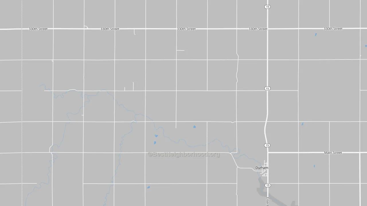 Walk Grade map of Durham, KS, walkable areas in green and car-dependent areas in red