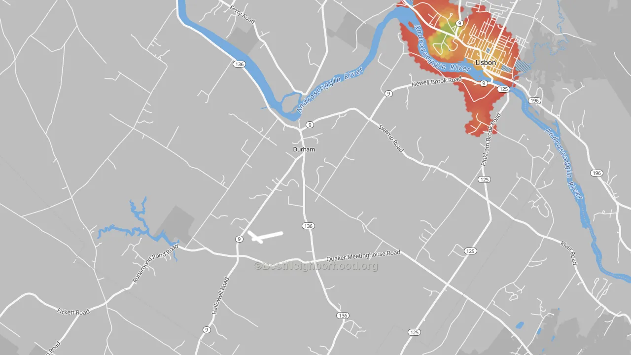 Walk Grade map of Durham, ME, walkable areas in green and car-dependent areas in red