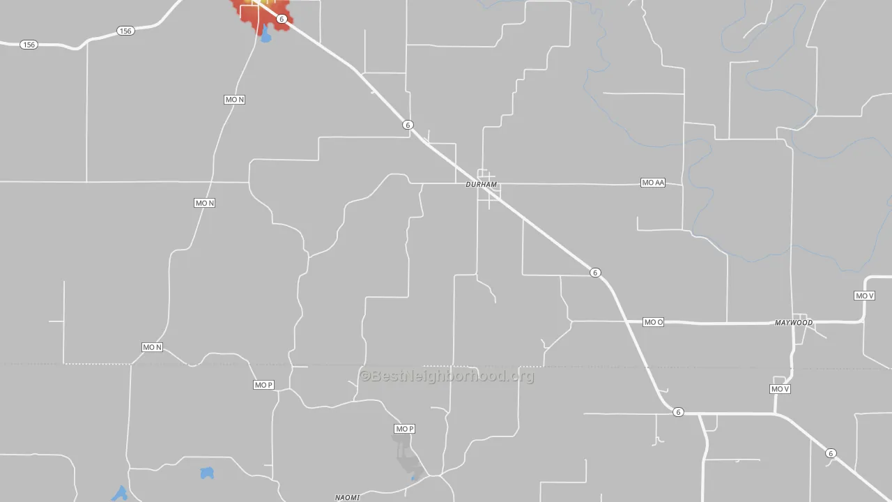 Walk Grade map of Durham, MO, walkable areas in green and car-dependent areas in red