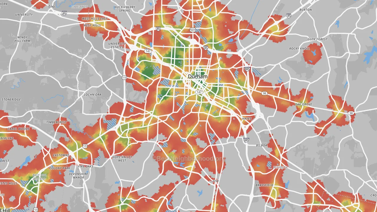 Walk Grade map of Durham, NC, walkable areas in green and car-dependent areas in red