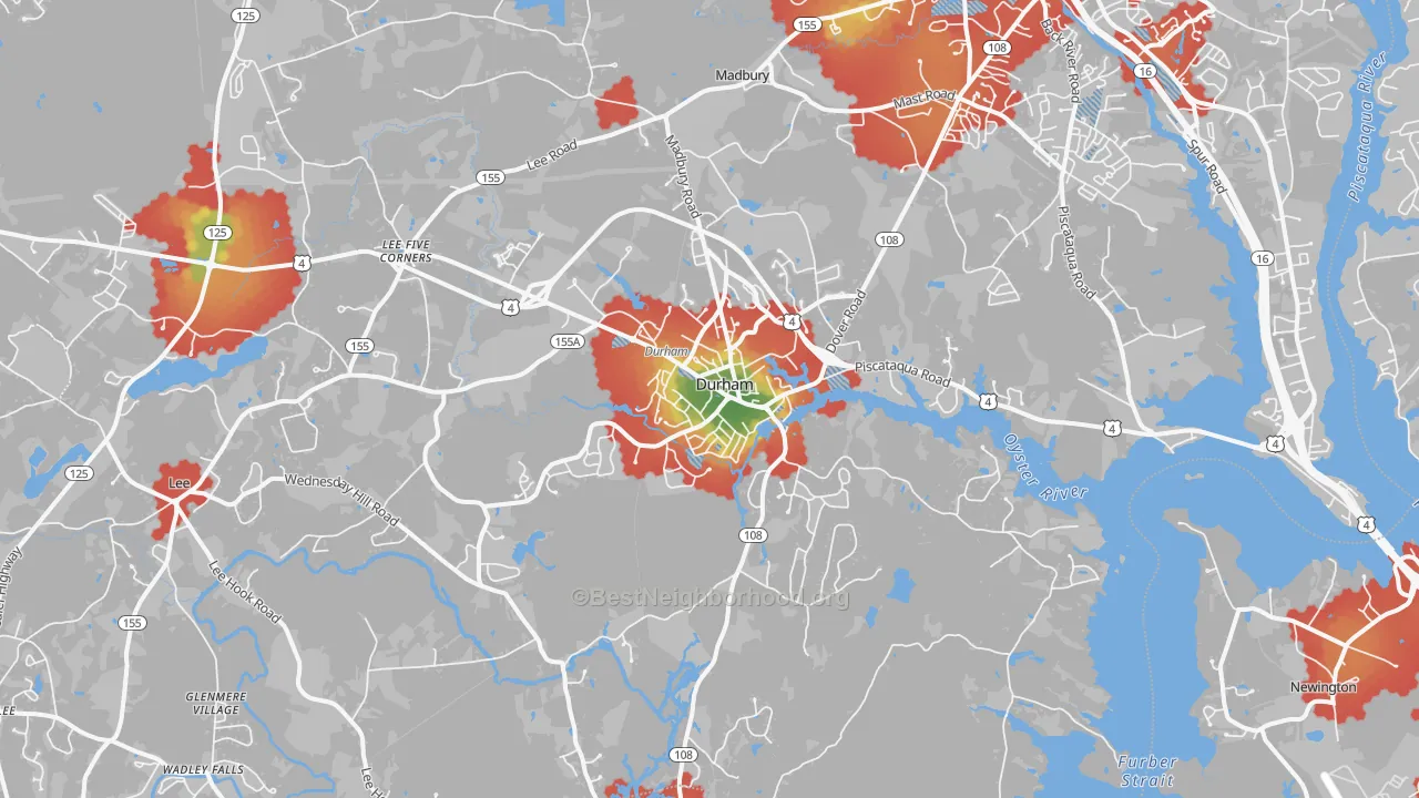 Walk Grade map of Durham, NH, walkable areas in green and car-dependent areas in red