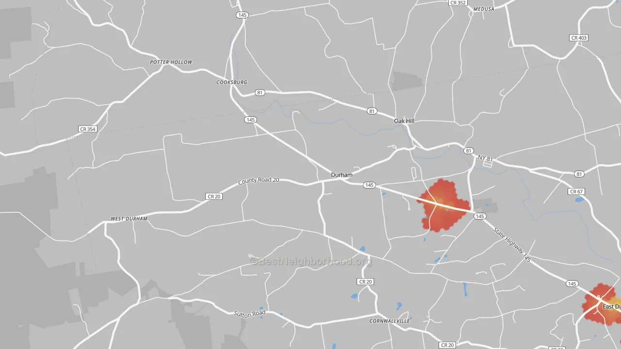 Walk Grade map of Durham, NY, walkable areas in green and car-dependent areas in red