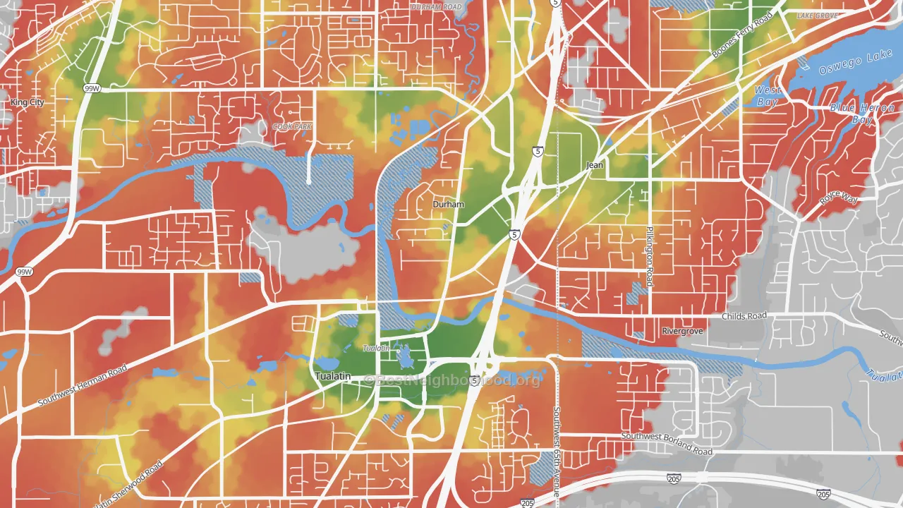 Walk Grade map of Durham, OR, walkable areas in green and car-dependent areas in red