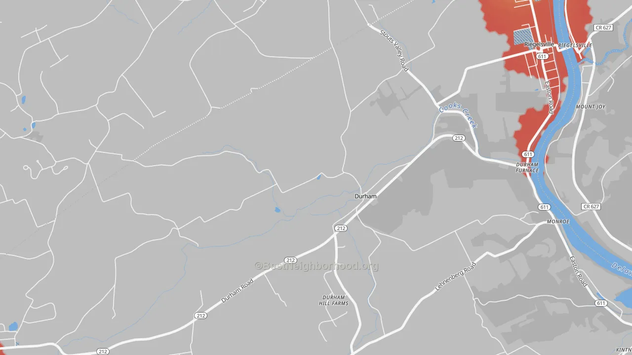 Walk Grade map of Durham, PA, walkable areas in green and car-dependent areas in red