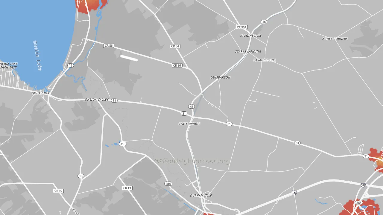 Walk Grade map of Durhamville, NY, walkable areas in green and car-dependent areas in red