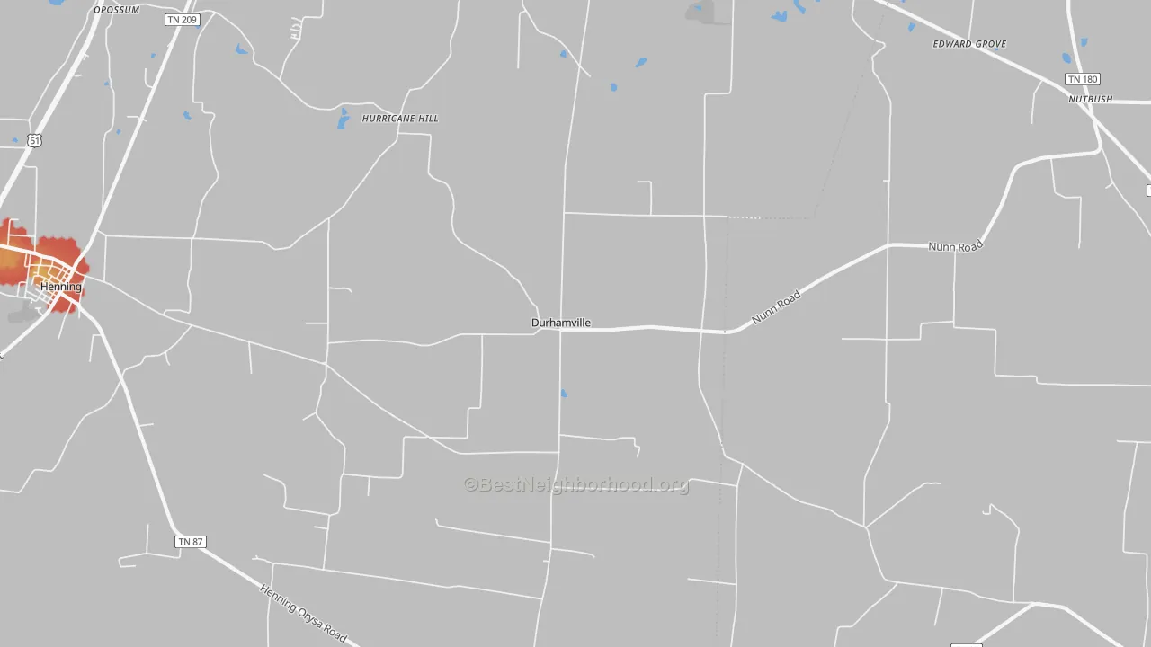 Walk Grade map of Durhamville, TN, walkable areas in green and car-dependent areas in red