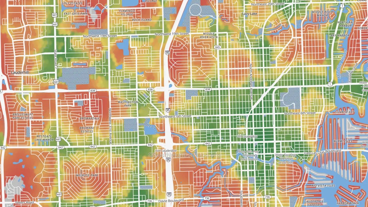 Walk Grade map of Durrs Homeowners, Fort Lauderdale, FL, walkable areas in green and car-dependent areas in red