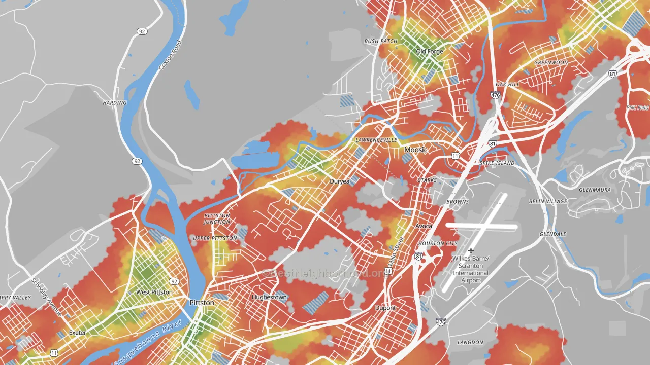 Walk Grade map of Duryea, PA, walkable areas in green and car-dependent areas in red