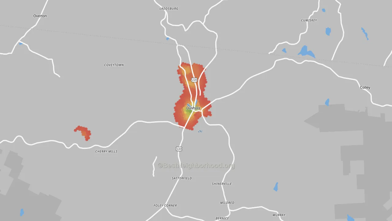 Walk Grade map of Dushore, PA, walkable areas in green and car-dependent areas in red