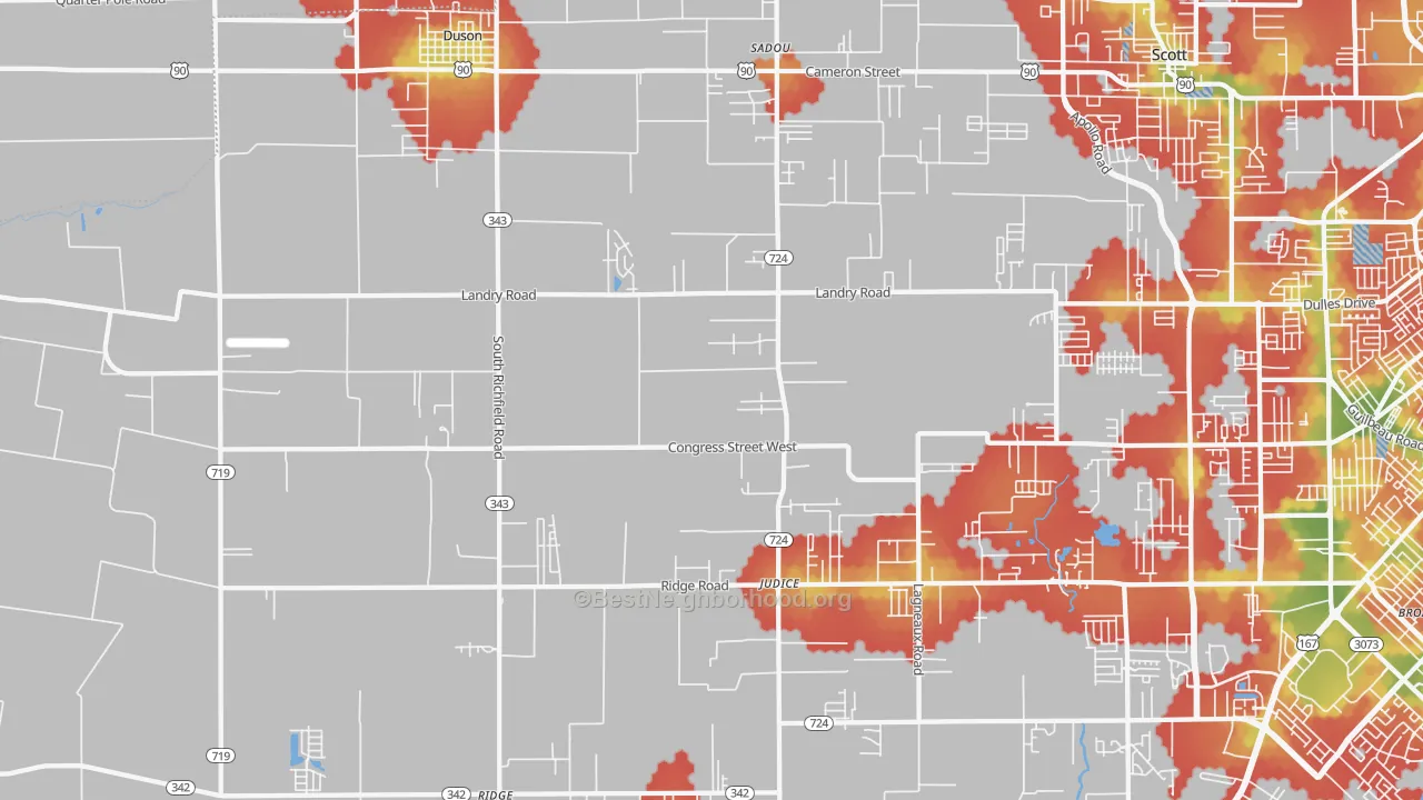 Walk Grade map of Duson, LA, walkable areas in green and car-dependent areas in red
