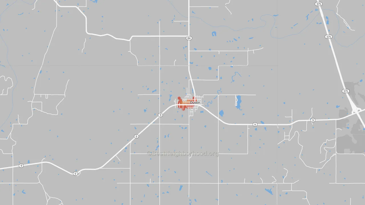 Walk Grade map of Dustin, OK, walkable areas in green and car-dependent areas in red