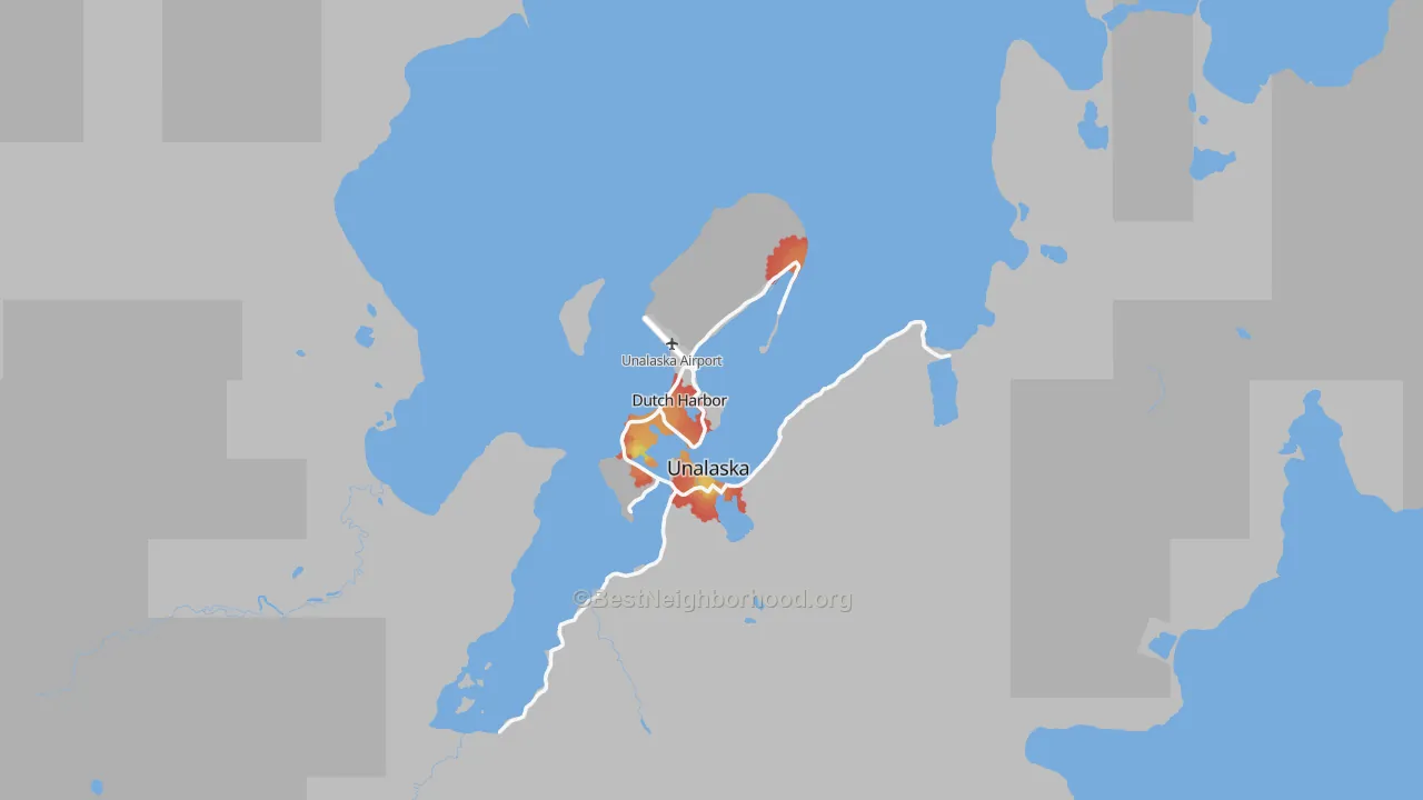 Walk Grade map of Dutch Harbor, AK, walkable areas in green and car-dependent areas in red