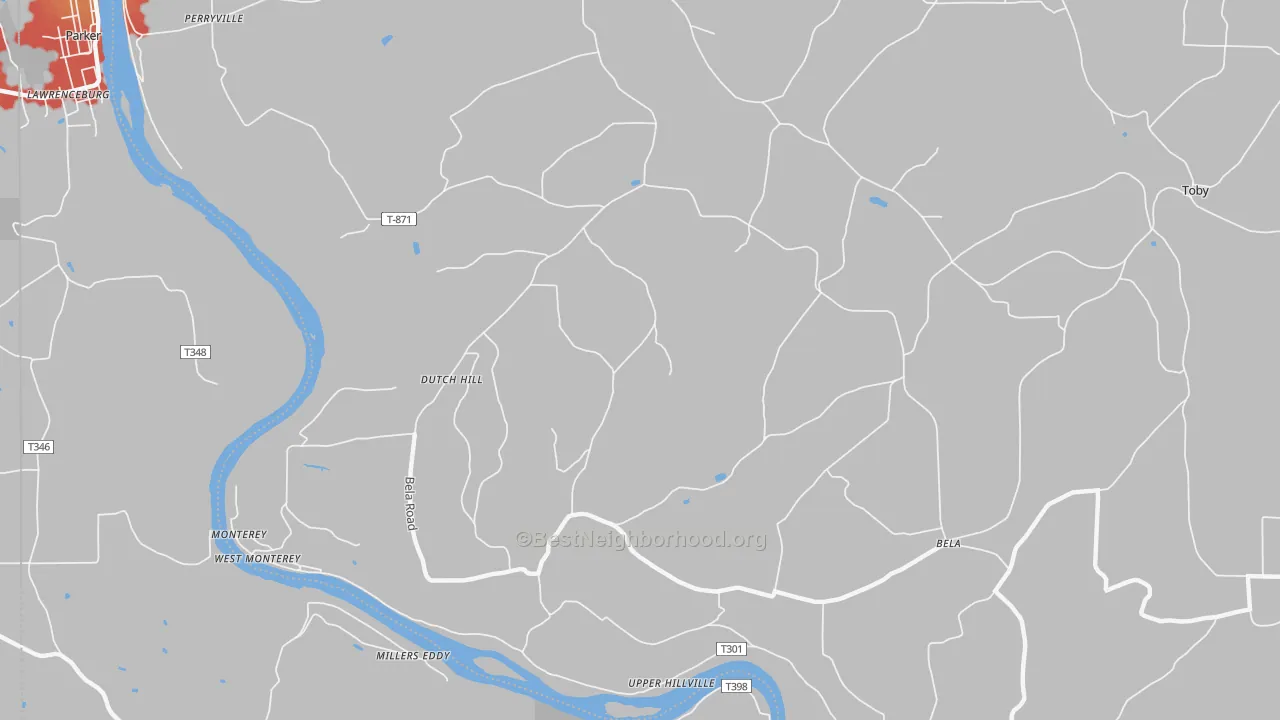 Walk Grade map of Dutch Hill, PA, walkable areas in green and car-dependent areas in red