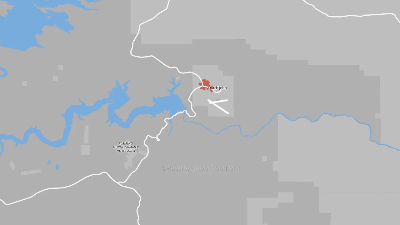 Walk Grade map of Dutch John, UT, walkable areas in green and car-dependent areas in red