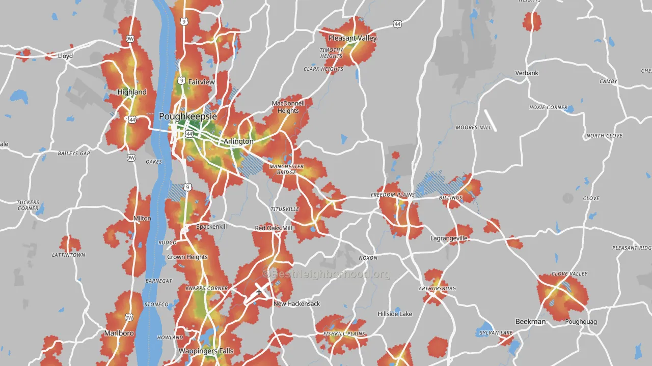 Walk Grade map of Dutchess County, NY, walkable areas in green and car-dependent areas in red