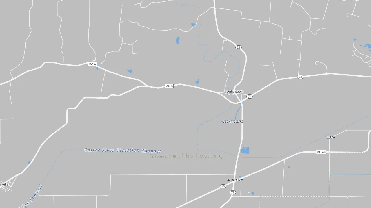 Walk Grade map of Dutchtown, MO, walkable areas in green and car-dependent areas in red