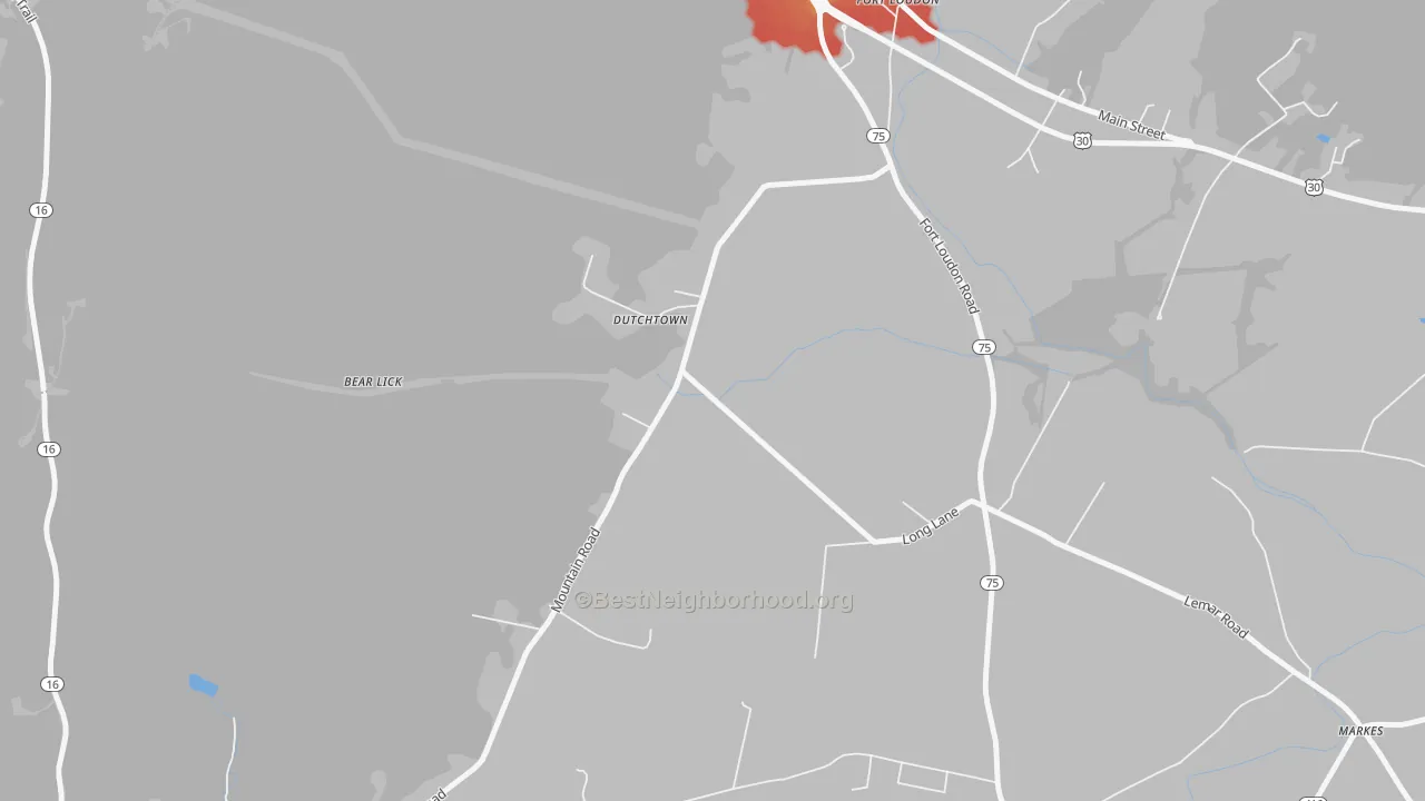 Walk Grade map of Dutchtown, PA, walkable areas in green and car-dependent areas in red
