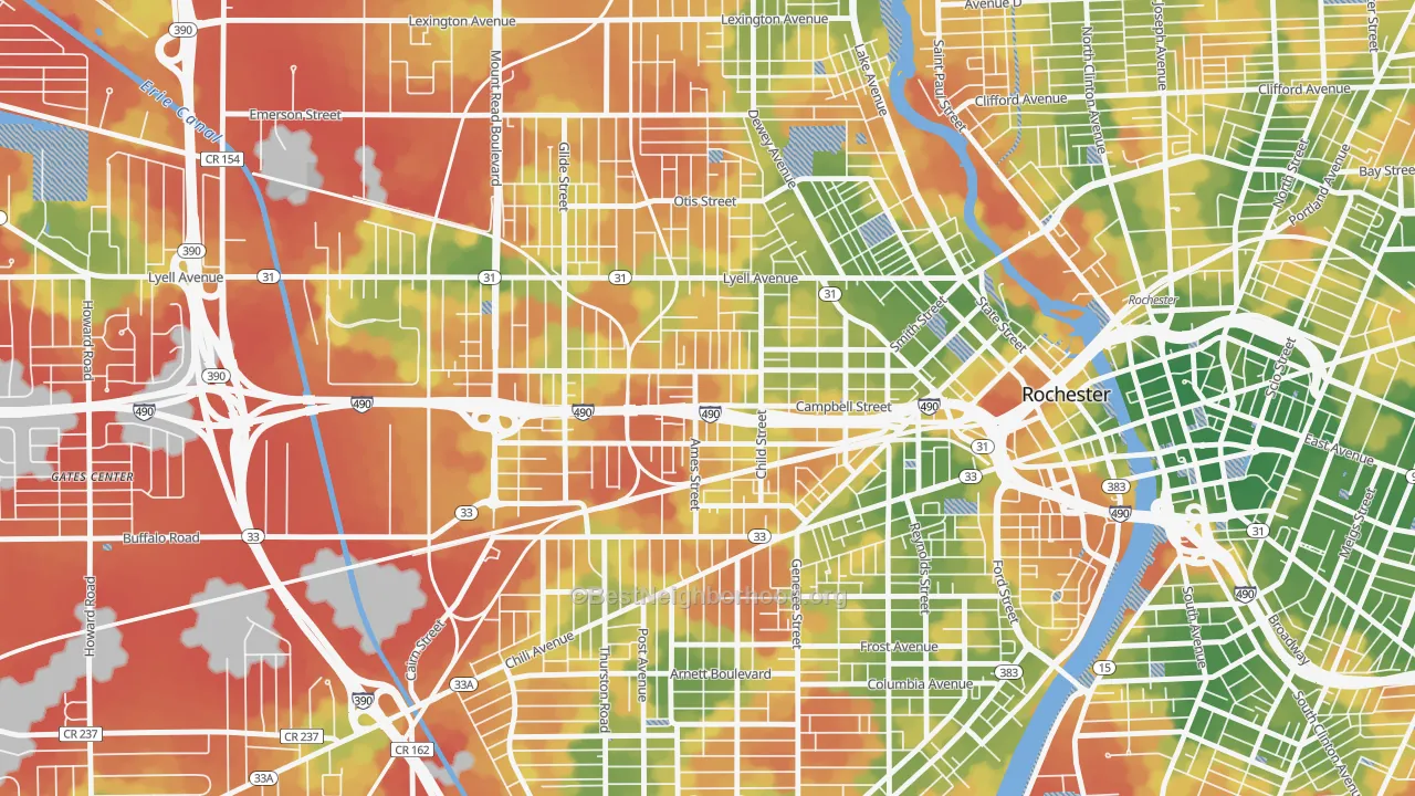 Walk Grade map of Dutchtown, Rochester, NY, walkable areas in green and car-dependent areas in red