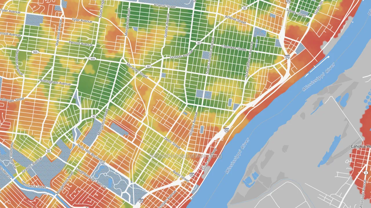 Walk Grade map of Dutchtown, St. Louis, MO, walkable areas in green and car-dependent areas in red