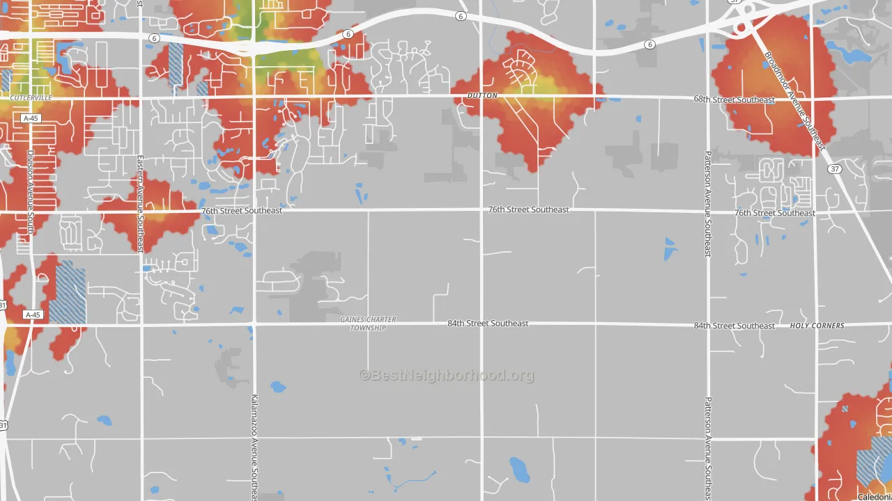 Walk Grade map of Dutton, MI, walkable areas in green and car-dependent areas in red