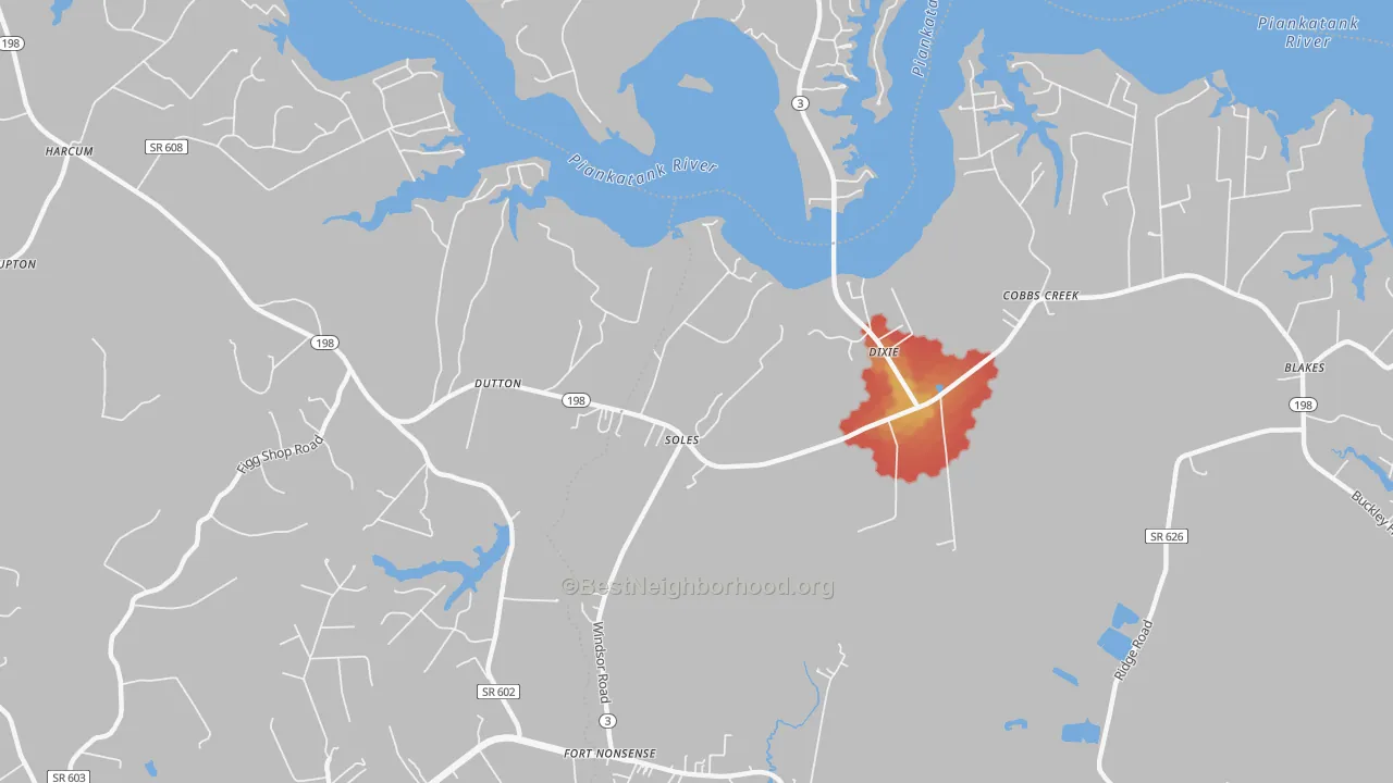 Walk Grade map of Dutton, VA, walkable areas in green and car-dependent areas in red