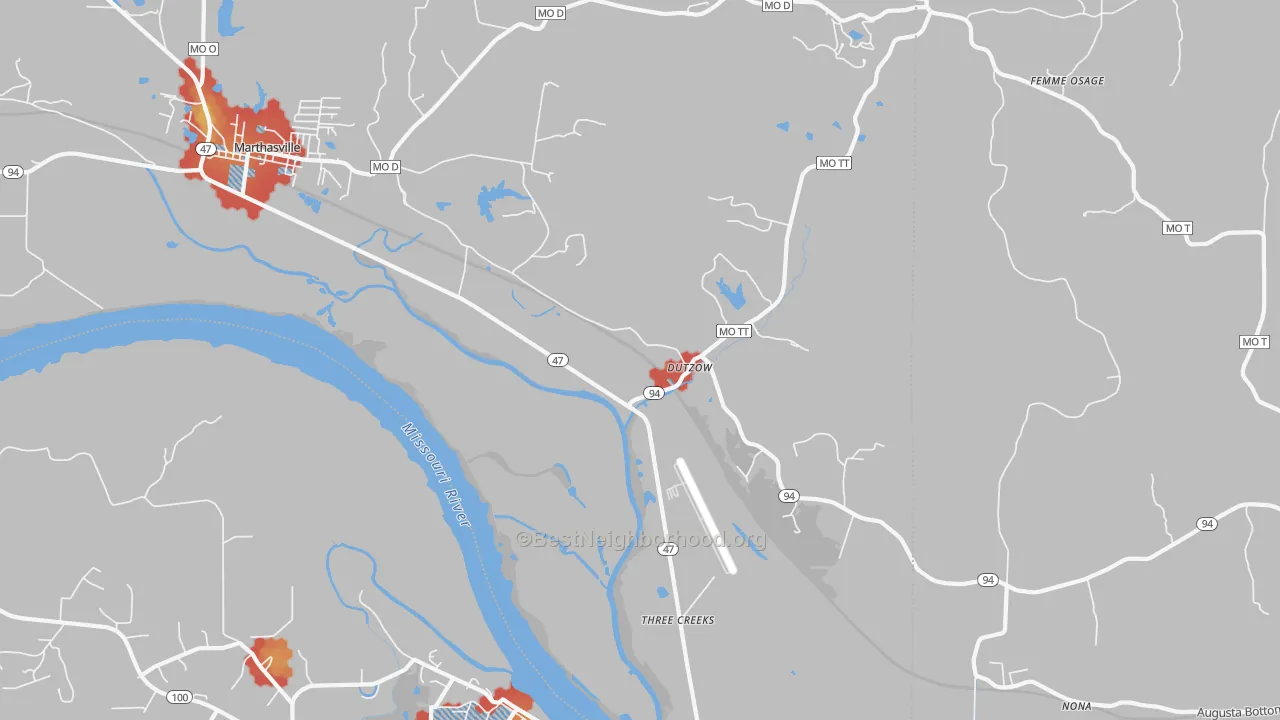 Walk Grade map of Dutzow, MO, walkable areas in green and car-dependent areas in red