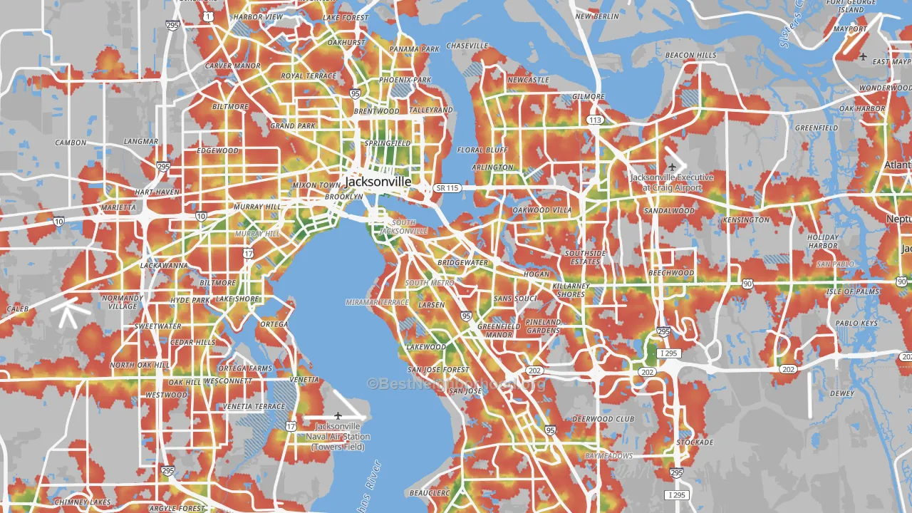 Walk Grade map of Duval County, FL, walkable areas in green and car-dependent areas in red