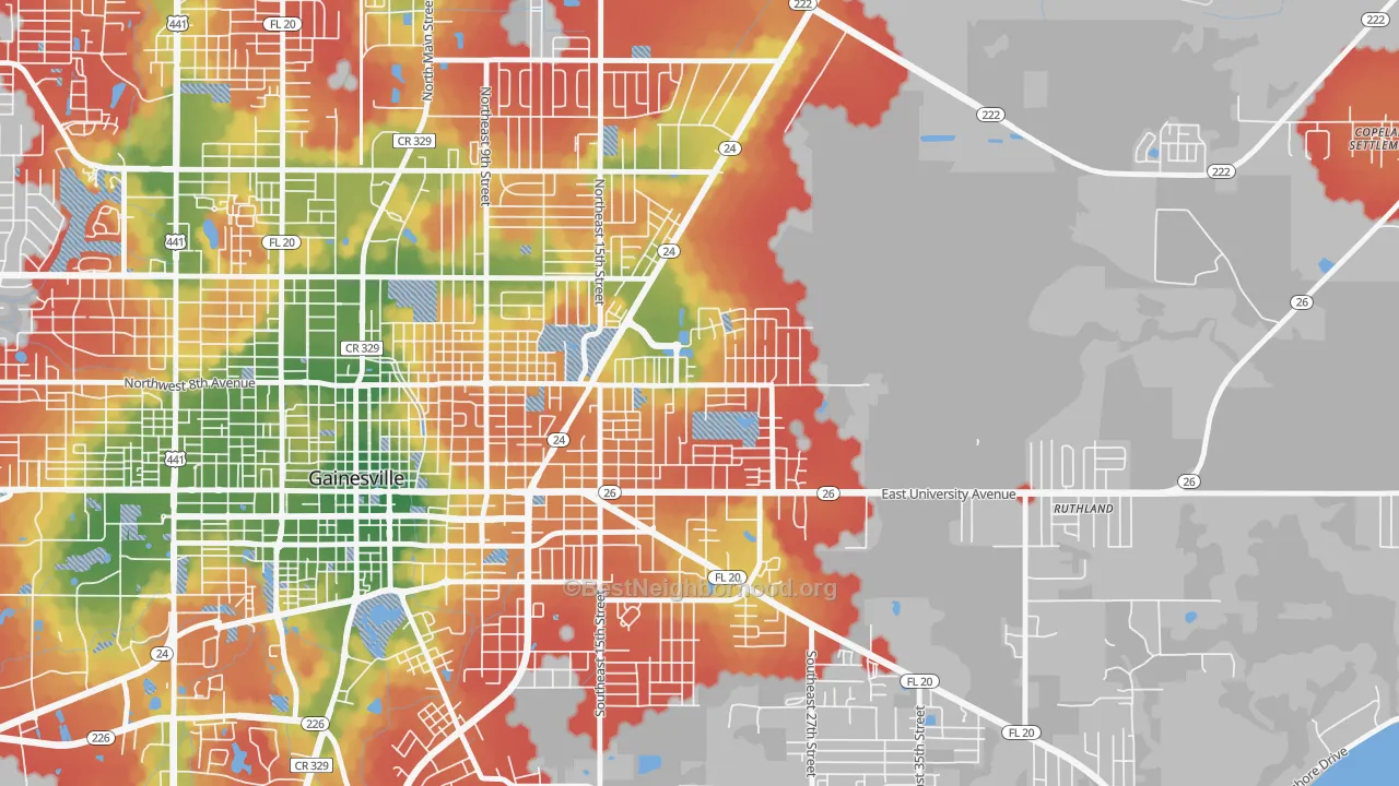 Walk Grade map of Duval-Eagle Eyes Crime Watch, Gainesville, FL, walkable areas in green and car-dependent areas in red