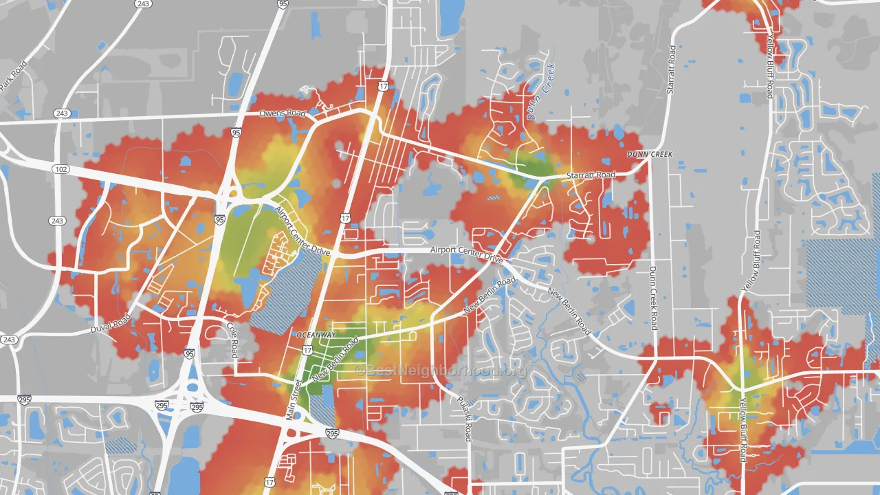 Walk Grade map of Duval, Jacksonville, FL, walkable areas in green and car-dependent areas in red