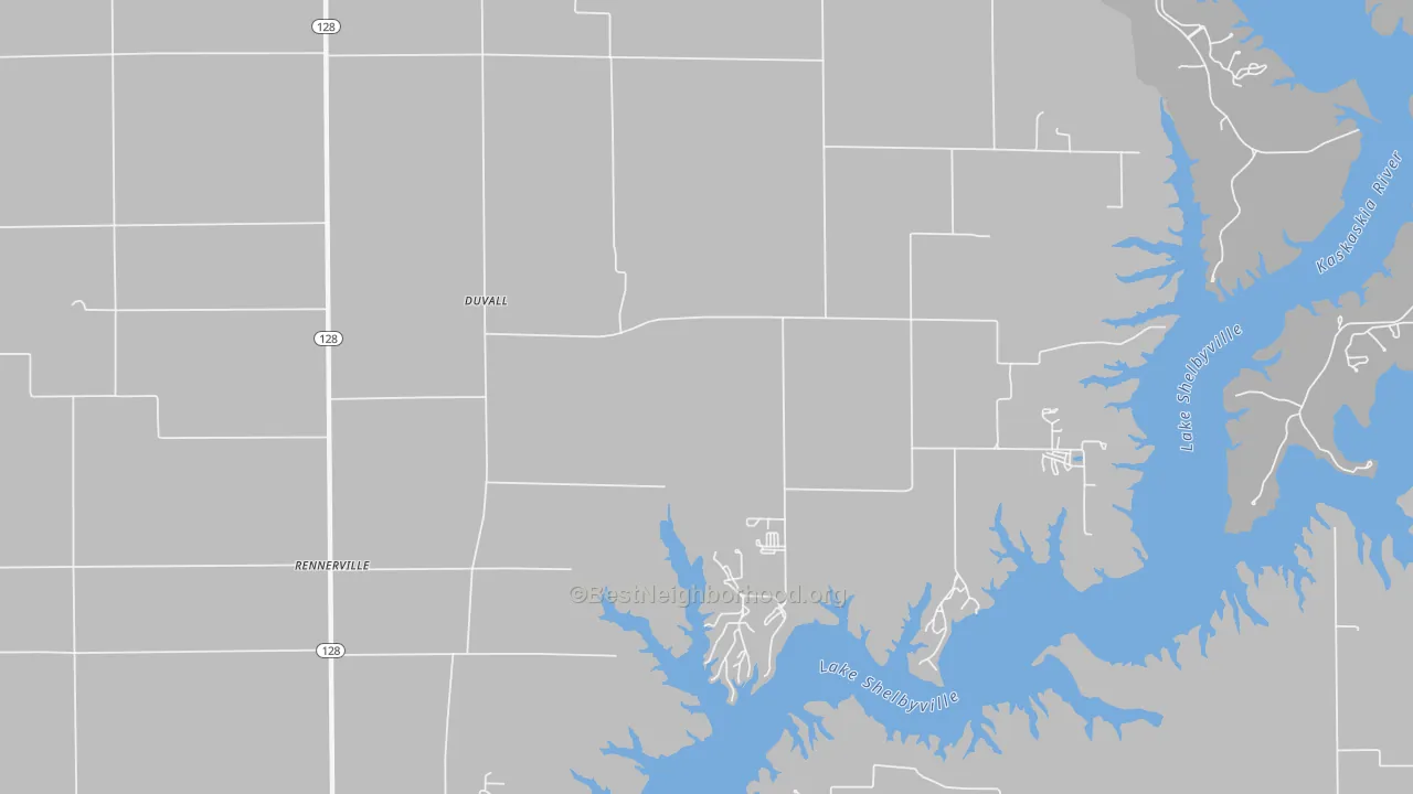 Walk Grade map of Duvall, IL, walkable areas in green and car-dependent areas in red