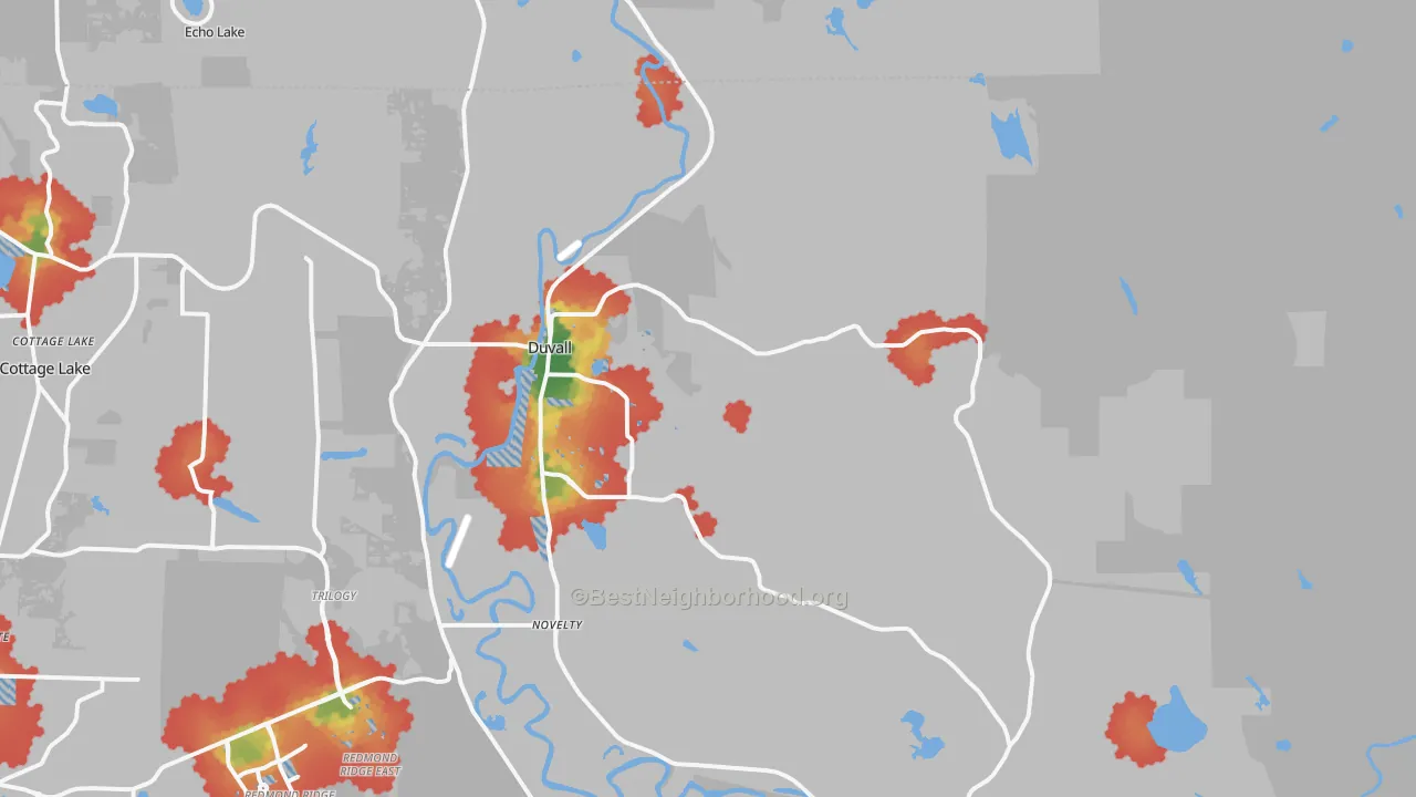Walk Grade map of Duvall, WA, walkable areas in green and car-dependent areas in red