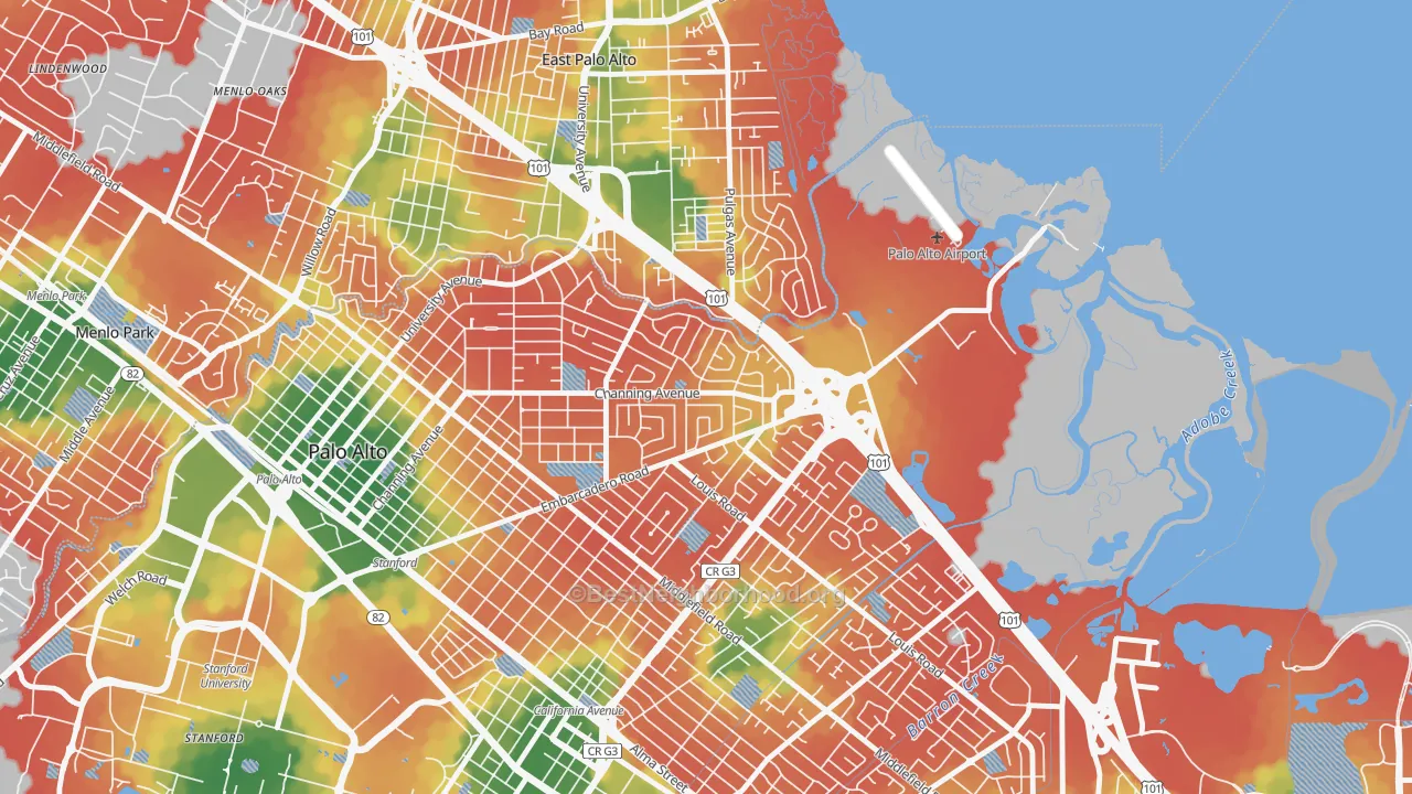 Walk Grade map of Duveneck-Saint Francis, Palo Alto, CA, walkable areas in green and car-dependent areas in red