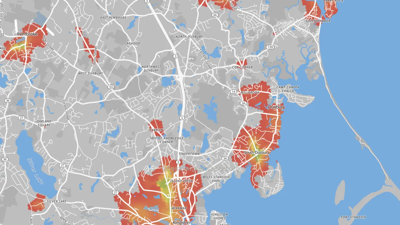 Walk Grade map of Duxbury, MA, walkable areas in green and car-dependent areas in red