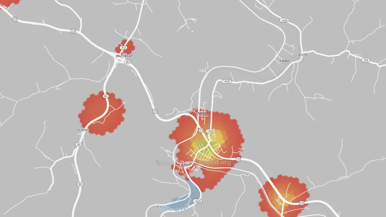 Walk Grade map of Dwale, KY, walkable areas in green and car-dependent areas in red