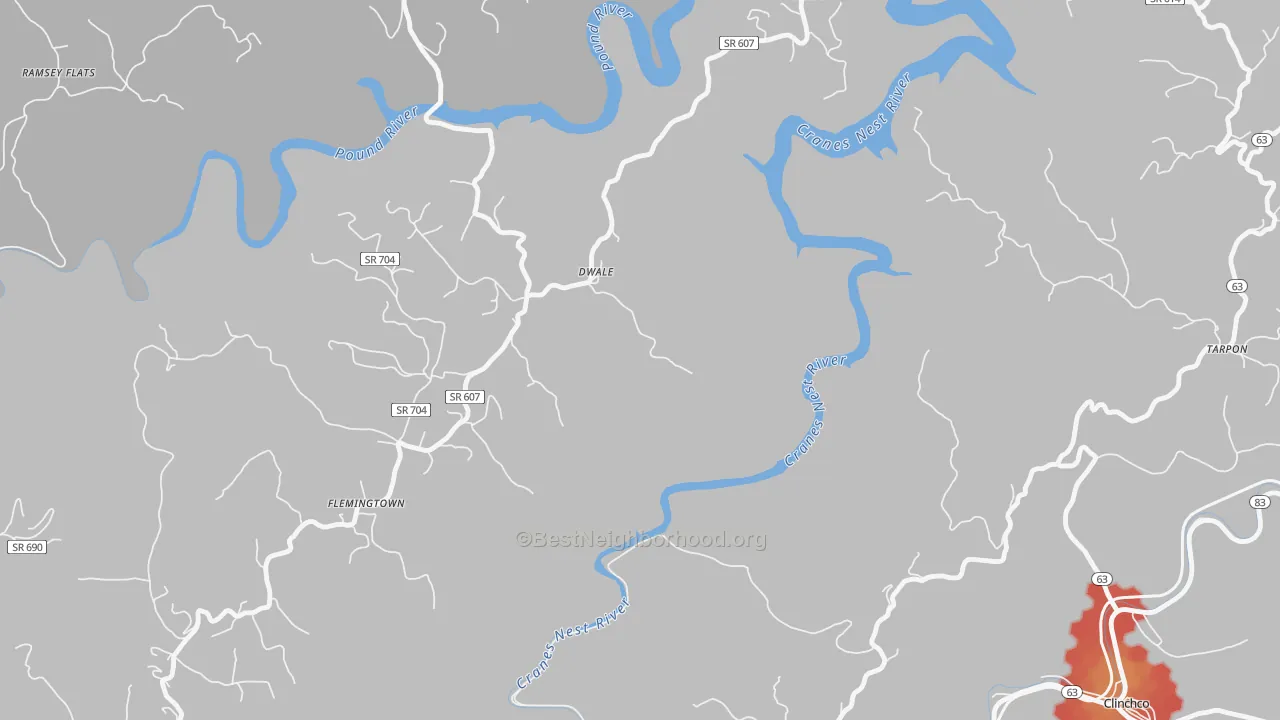 Walk Grade map of Dwale, VA, walkable areas in green and car-dependent areas in red