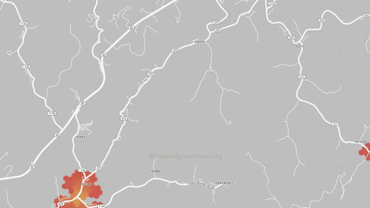 Walk Grade map of Dwarf, KY, walkable areas in green and car-dependent areas in red
