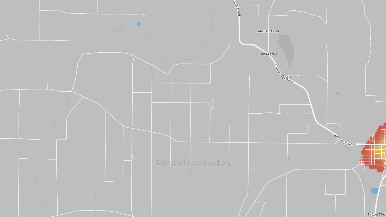 Walk Grade map of Dwiggins, MS, walkable areas in green and car-dependent areas in red