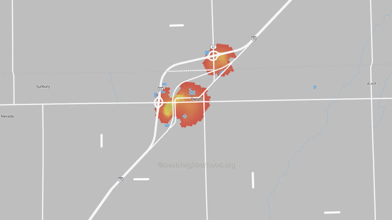 Walk Grade map of Dwight, IL, walkable areas in green and car-dependent areas in red