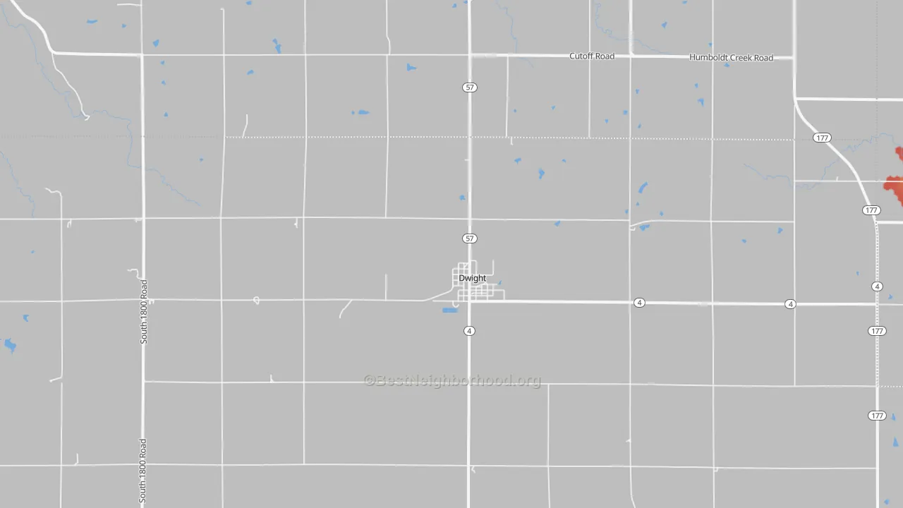 Walk Grade map of Dwight, KS, walkable areas in green and car-dependent areas in red